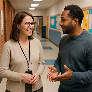 a teacher talking to a parent in a school hallway