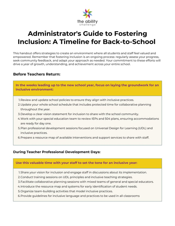 Administrators Guide to Fostering Inclusion A Timeline for Back-to-School