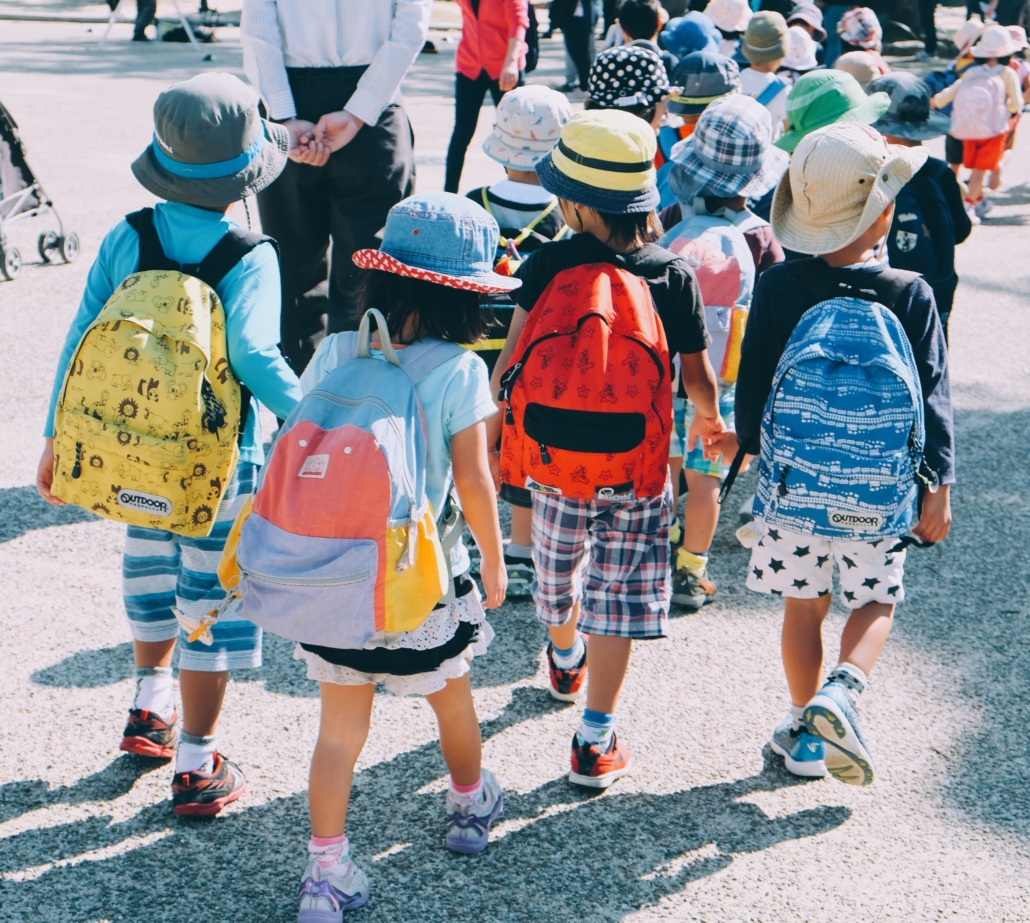 groups of kids walking to school